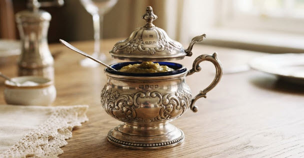 antique silver mustard pot with its matching silver spoon